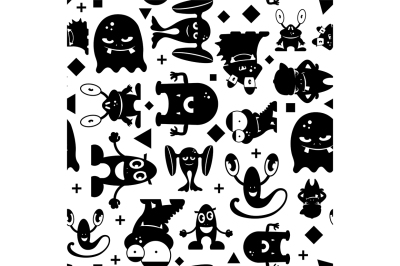 Seamless black and white pattern with monsters.