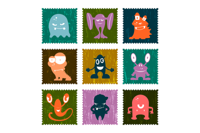 Set of retro postage stamp funny monsters