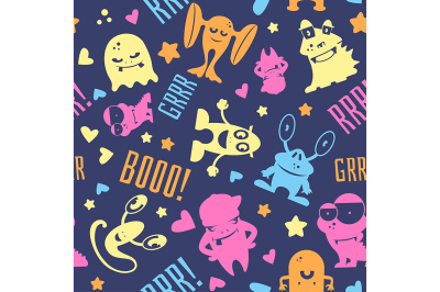 Seamless pattern with cute cartoon monsters, bubbles and words hello