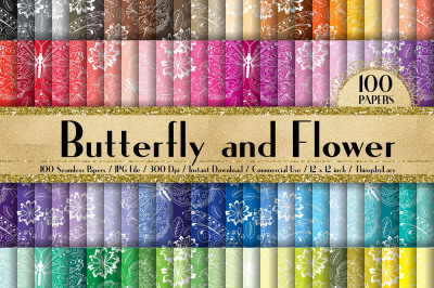 100 Seamless White Butterfly and Flower Digital Papers