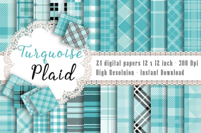 24 Turquoise Plaid Digital Papers, Tartan, Gingham, Check