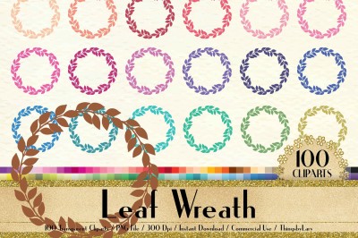 100 Leaf Wreath Clip Arts, Botanical Wreath Clip Arts