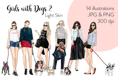 Watercolor Fashion Clipart - Girls with Dogs 2 - Light Skin