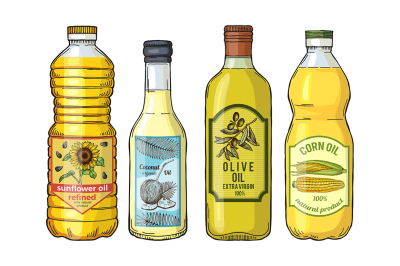 Labels for different oils. Sunflower&2C; olive&2C; corn and coconut