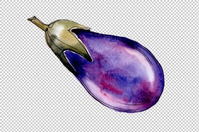 Watercolor purple eggplant vegetable PNG set