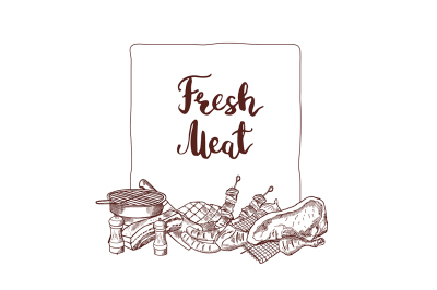 Vector hand drawn monochrome meat elements