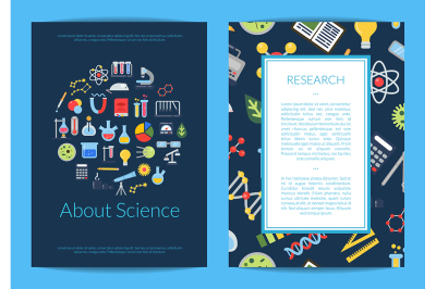 Vector card or flyer template with flat style science icons and place 