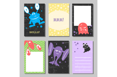 Colorful retro funny cards set with cute monsters