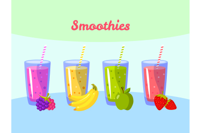 Cartoon smoothies. Berry banana apple and strawberry