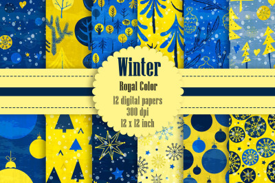 12 Winter Pattern Digital Papers in Royal Blue Theme Color