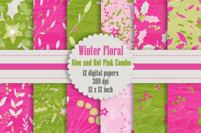 12 Winter Floral Digital Papers in Aloe and Hot Pink Color