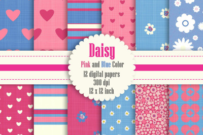 12 Daisy Flower Digital Paper in Pink and Blue Color