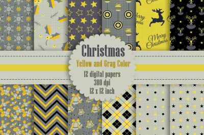 12 Christmas Digital Papers in Yellow and Gray Color