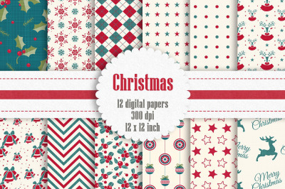 12 Christmas Digital Papers in Red, Green and Cream Color