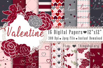 16 Seamless Red and Gray Love Valentine Digital Papers