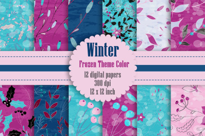 12 Winter Floral Digital Papers in Frozen Theme Color