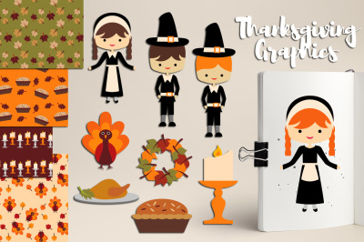 Thanksgiving Dinner Graphics / Pilgrim kids, turkey, pie