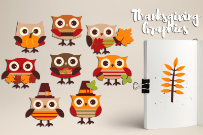 Cute Thanksgiving Owls Clipart Graphics and Illustrations