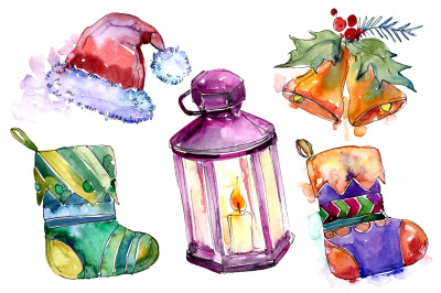 Watercolor Christmas collection elements PNG set&nbsp;