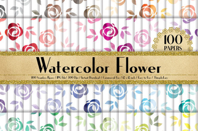 100 Seamless Watercolor Hand Drawn Rose Flower Digital Paper