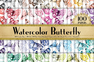100 Seamless Watercolor Romantic Butterfly Digital Papers