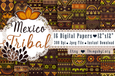 16 Seamless Mexico Tribal Digital Papers, Cinco de Mayo