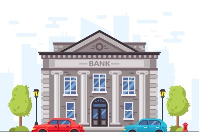 Cartoon bank or government building with roman columns. Money loan hou