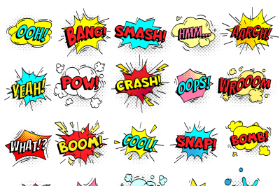 Exclamation texting comic signs on speech bubbles. Cartoon crash&2C; pow&2C;