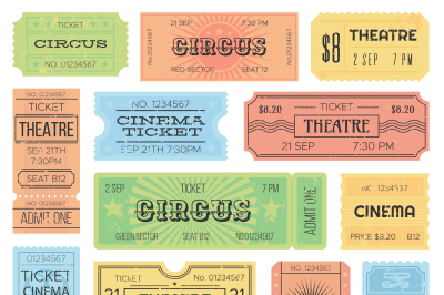 Theater or cinema admit one tickets, circus coupons and vintage old re