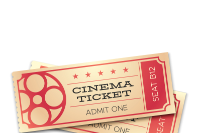 Two cinema or theater realistic tickets with barcode. Admit now coupon