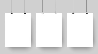 Empty affiche mockup hanging on paper clips. White blank advertising p