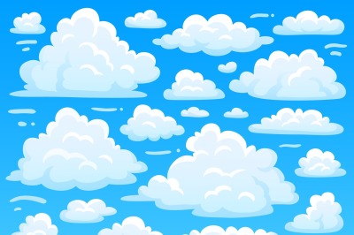 Cartoon fluffy cloud at azure skyscape. Heavenly clouds on blue sky&2C; a