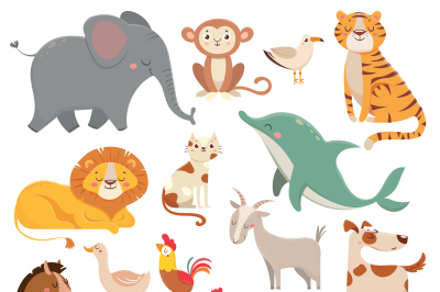 Child cartoons elephant&2C; gull&2C; dolphin&2C; wild animal. Pet&2C; farm and jun