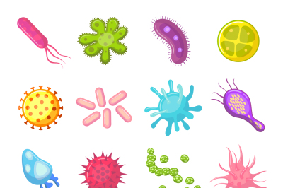 Bacteria and germs colorful set micro-organisms disease-causing object