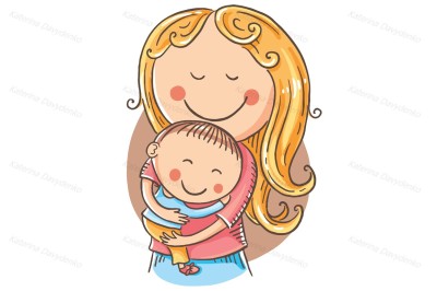 Happy cartoon mother with a child, vector drawing