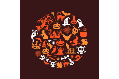 Vector halloween background with witches, pumpkins, ghosts