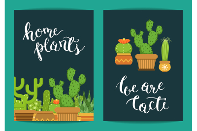 Vector cacti in plant pots illustration with lettering 