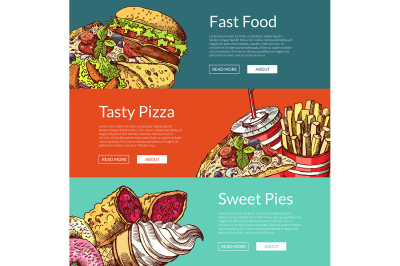 Vector banners with fastfood burgers, ice cream, donuts and pizza