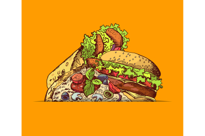 Vector hand drawn fast food burger, taco, pizza illustration