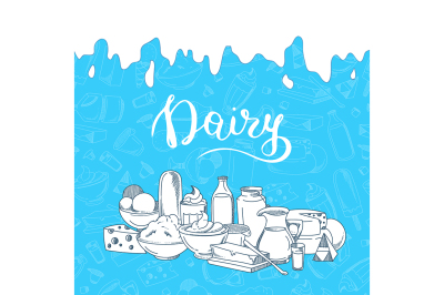 Vector illustration with big pile of sketched dairy products