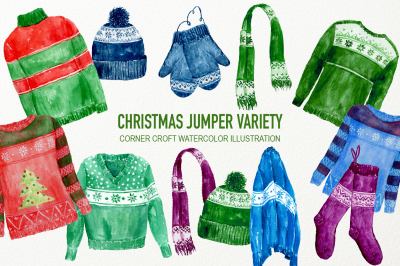 Hand Painted Watercolor Christmas Jumpers Variety Clipart