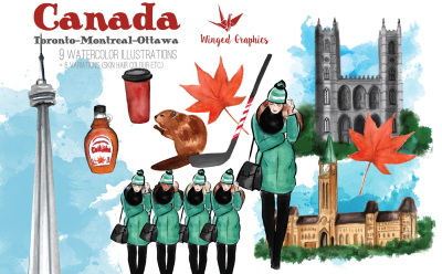 CANADA (Toronto, Montreal , Ottawa) watercolour travel illustrations 