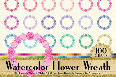 100 Watercolor Flower Wreath Clip Arts, Botanical Wreaths
