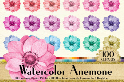 100 Watercolor Anemone Flower Clip Arts, Botanical Garden