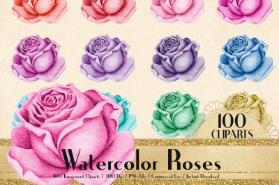 100 Watercolor Roses Clip Arts, Romantic Valentine Scrapbook