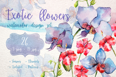 Exotic red and blue orchids PNG watercolor set