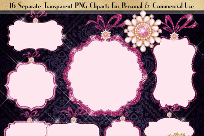 16 Pink Frame, Glitter and Jewelry Frame Clip Arts