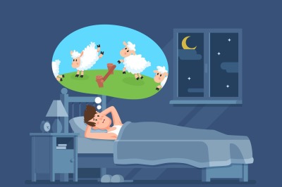 Sleepless man in bed trying to fall asleep counting sheeps. Count shee