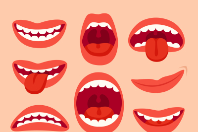 Cartoon mouth elements collection. Show tongue, smile with teeth, expr