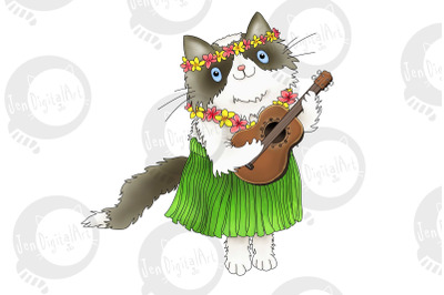 Hawaiian Rag-doll Cat with Ukulele | JPEG/PNG Clip art illustration